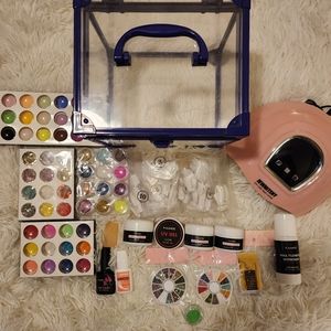 NAILS, NAIL LAMP, CASE, ACRYLIC POWDERS, UV GELS, GLITTER, RHINESTONES, ECT. LOT